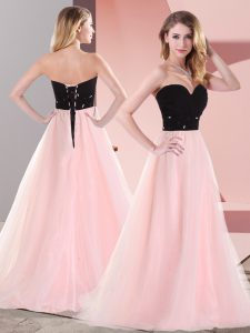  Sweetheart Sleeveless Lace Up Prom Evening Gown Pink And Black Tulle