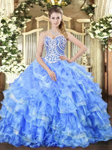  Blue Lace Up Sweetheart Beading and Ruffled Layers Quinceanera Dress Organza Sleeveless