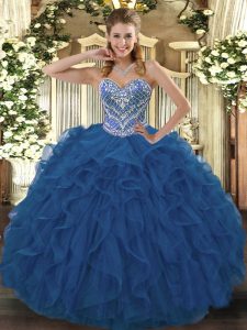 Custom Design Blue Sleeveless Floor Length Beading and Ruffled Layers Lace Up Quinceanera Dresses