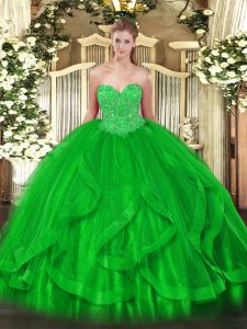  Green Organza Lace Up Quinceanera Gowns Sleeveless Floor Length Beading and Ruffles