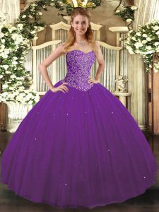 Luxurious Purple Lace Up Vestidos de Quinceanera Beading Sleeveless Floor Length
