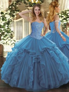  Teal Ball Gowns Tulle Sweetheart Sleeveless Beading and Ruffles Floor Length Lace Up Sweet 16 Dresses