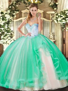  Tulle Sweetheart Sleeveless Lace Up Beading and Ruffles Sweet 16 Quinceanera Dress in Turquoise