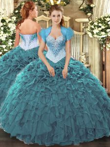Adorable Organza Sweetheart Sleeveless Lace Up Beading and Ruffles Sweet 16 Dress in Teal 