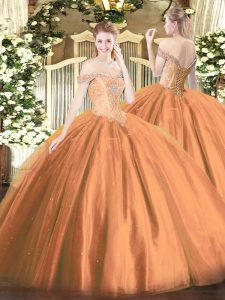  Ball Gowns Quinceanera Dresses Rust Red Off The Shoulder Tulle Sleeveless Floor Length Lace Up