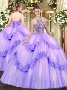  Floor Length Lavender Quinceanera Dress Tulle Sleeveless Beading and Appliques