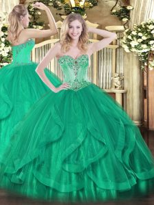 On Sale Floor Length Lace Up Quince Ball Gowns Turquoise for Sweet 16 and Quinceanera with Beading and Ruffles