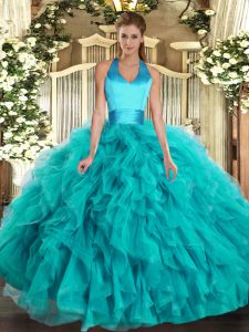 Noble Turquoise Ball Gowns Halter Top Sleeveless Organza Floor Length Lace Up Ruffles Quinceanera Dresses