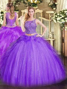 Enchanting Floor Length Two Pieces Sleeveless Lavender Quinceanera Gowns Lace Up