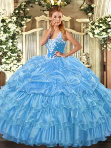 Baby Blue Ball Gowns Organza Straps Sleeveless Beading and Ruffled Layers and Pick Ups Floor Length Lace Up Ball Gown Prom Dress