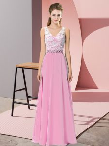  Sleeveless Floor Length Beading Backless Dress for Prom with Rose Pink 