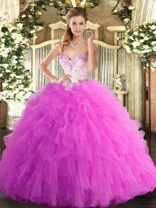 Fashionable Rose Pink Tulle Lace Up Sweet 16 Dress Sleeveless Floor Length Beading and Ruffles