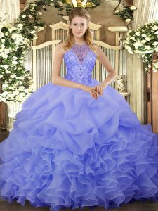 Ideal Floor Length Blue 15 Quinceanera Dress Organza Sleeveless Beading and Ruffles and Pick Ups