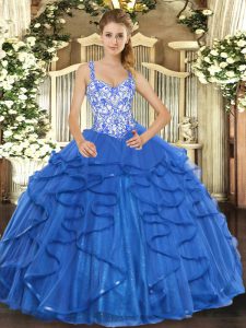 Romantic Blue Sleeveless Floor Length Beading and Appliques and Ruffles Lace Up Quinceanera Dress