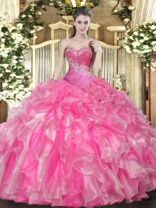  Hot Pink Organza Lace Up Sweet 16 Dress Sleeveless Floor Length Beading and Ruffles