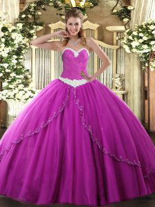 Fitting Lace Up 15th Birthday Dress Fuchsia for Military Ball and Sweet 16 and Quinceanera with Appliques Brush Train