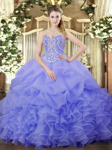Ideal Lavender Organza Lace Up Sweetheart Sleeveless Floor Length Quinceanera Gown Beading and Ruffles and Pick Ups