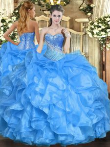  Baby Blue Ball Gowns Beading and Ruffles Quince Ball Gowns Lace Up Organza Sleeveless Floor Length