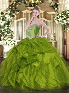  Olive Green Organza Lace Up Quinceanera Dress Sleeveless Floor Length Beading and Ruffles