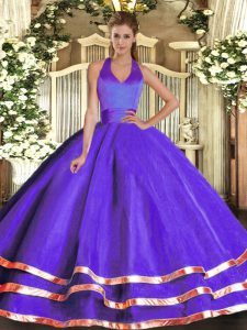 Fabulous Purple Ball Gowns Ruffled Layers Quince Ball Gowns Lace Up Tulle Sleeveless Floor Length