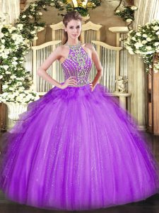 Pretty Halter Top Sleeveless Tulle 15th Birthday Dress Beading and Ruffles Lace Up