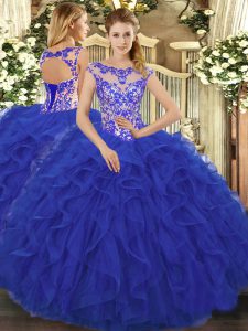  Royal Blue Lace Up Quinceanera Dress Beading and Ruffles Sleeveless Floor Length