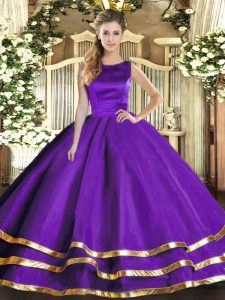  Sleeveless Floor Length Ruffled Layers Lace Up Sweet 16 Dresses with Purple