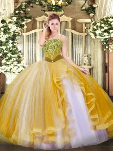 Dazzling Gold Strapless Neckline Beading and Ruffles Quince Ball Gowns Sleeveless Lace Up