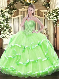 Unique Floor Length Lace Up 15th Birthday Dress for Sweet 16 and Quinceanera with Appliques and Ruffled Layers
