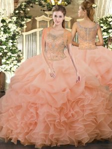  Sleeveless Floor Length Beading and Ruffled Layers Clasp Handle Sweet 16 Dresses with Peach