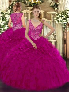 Luxury V-neck Sleeveless Organza Quinceanera Gowns Beading and Ruffles Zipper