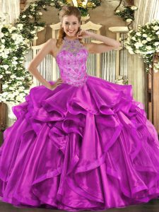 Pretty Floor Length Fuchsia 15 Quinceanera Dress Organza Sleeveless Beading and Embroidery and Ruffles