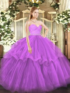 Sumptuous Sweetheart Sleeveless Quinceanera Gowns Brush Train Beading and Lace and Ruffled Layers Fuchsia Tulle