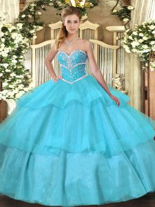 Flirting Aqua Blue Ball Gowns Beading and Ruffled Layers Sweet 16 Quinceanera Dress Lace Up Tulle Sleeveless Floor Length