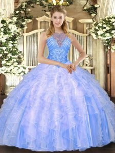 Pretty Blue Sleeveless Floor Length Beading and Ruffles Lace Up Quinceanera Dress
