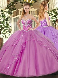 Discount Lilac Ball Gowns Tulle Sweetheart Sleeveless Beading and Ruffles Floor Length Lace Up Quinceanera Dress