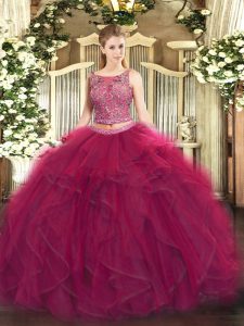  Sleeveless Floor Length Beading and Ruffles Lace Up Quince Ball Gowns with Fuchsia