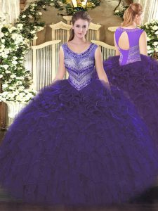  Purple Scoop Neckline Beading and Ruffles Quinceanera Gown Sleeveless Lace Up