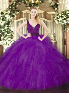Exceptional Floor Length Zipper Quince Ball Gowns Purple for Military Ball and Sweet 16 and Quinceanera with Beading and Ruffles