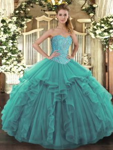  Sleeveless Tulle Floor Length Lace Up Quince Ball Gowns in Turquoise with Beading and Ruffles