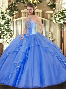 Shining Blue Ball Gowns Beading and Ruffles Quinceanera Dresses Lace Up Tulle Sleeveless Floor Length