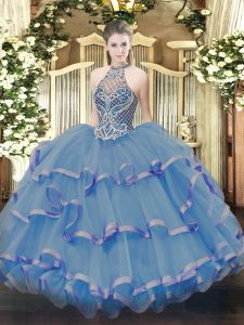 Low Price Blue Sleeveless Floor Length Beading and Ruffles Lace Up Quinceanera Gowns