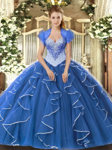 Lovely Floor Length Blue Sweet 16 Dress Sweetheart Cap Sleeves Lace Up