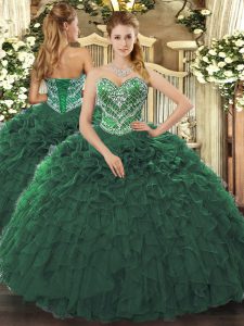 Simple Dark Green Ball Gowns Beading and Ruffled Layers Sweet 16 Dress Lace Up Tulle Sleeveless Floor Length