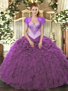 Sophisticated Sleeveless Lace Up Floor Length Beading and Ruffles Quinceanera Dress