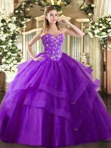 High End Tulle Sleeveless Floor Length Sweet 16 Dress and Embroidery and Ruffled Layers