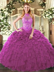  Organza Sleeveless Floor Length Ball Gown Prom Dress and Embroidery and Ruffles