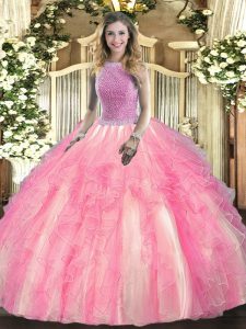 Custom Fit Rose Pink Sleeveless Floor Length Beading and Ruffles Lace Up Quinceanera Gowns