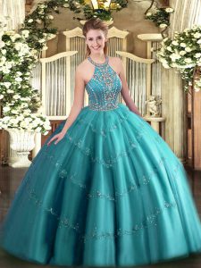 Classical Halter Top Sleeveless Quinceanera Gown Floor Length Beading and Appliques Teal Tulle