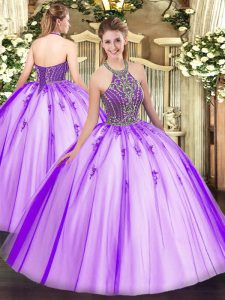  Eggplant Purple Ball Gowns Halter Top Sleeveless Tulle Floor Length Lace Up Beading Quinceanera Dresses